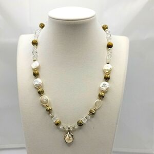 VTG 16" Coin Baroque Pearl .925 Silver With Brilliant Cut Cube Crystal Necklace